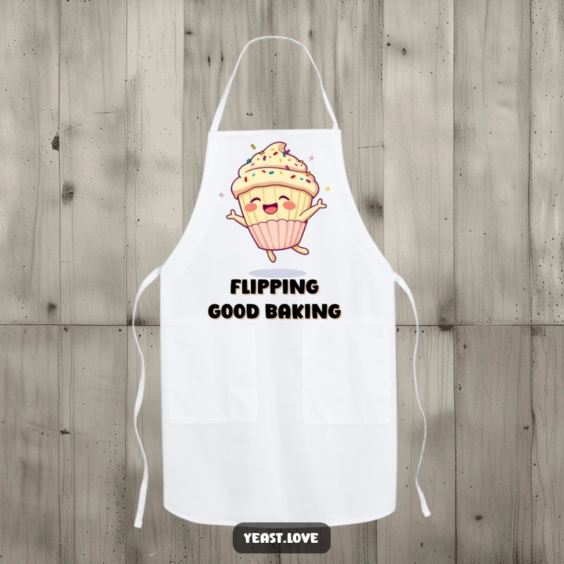 Funny cupcake apron showing a happy dessert character with sprinkles doing a joyful somersault. A humorous and practical kitchen accessory.