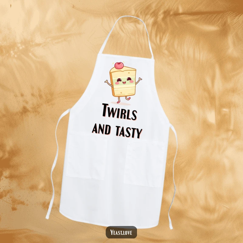 Funny cake slice apron showing a happy dessert character in a playful twirl. Humorous and practical kitchen wear.