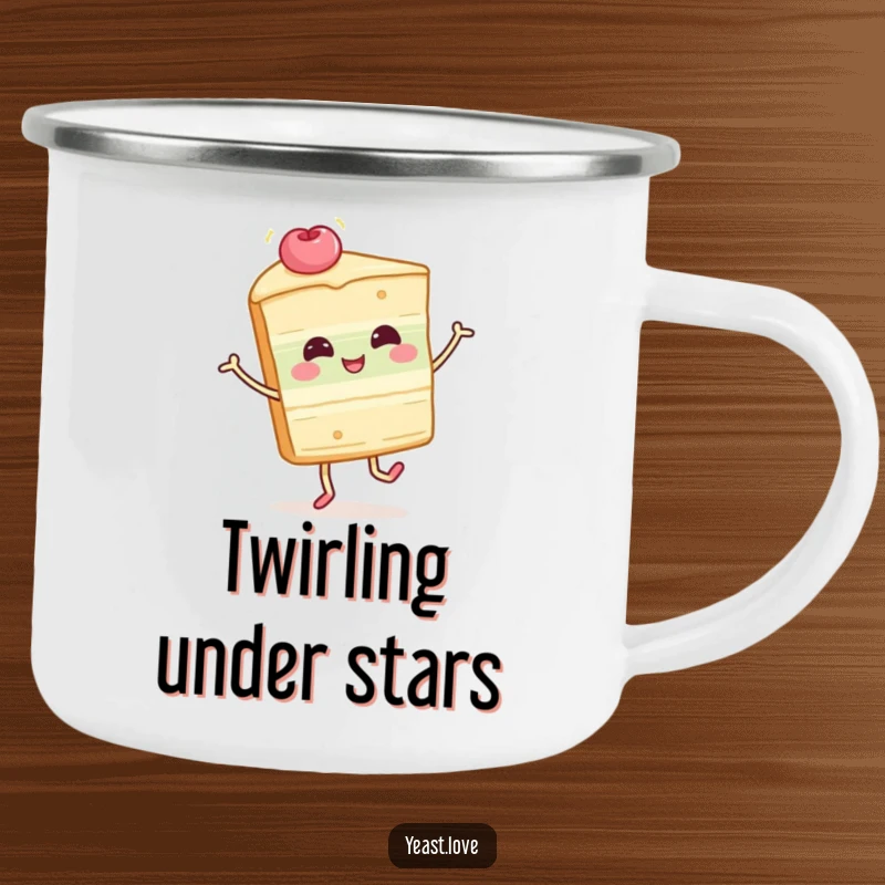 Funny cake slice camping mug with a happy dessert character in a joyful twirl. Durable and humorous for outdoor use.