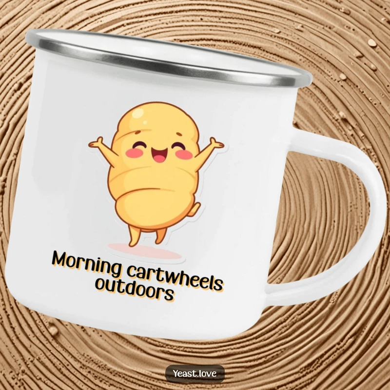 Funny croissant camping mug with a happy pastry character in a joyful cartwheel. Durable and humorous for outdoor use.