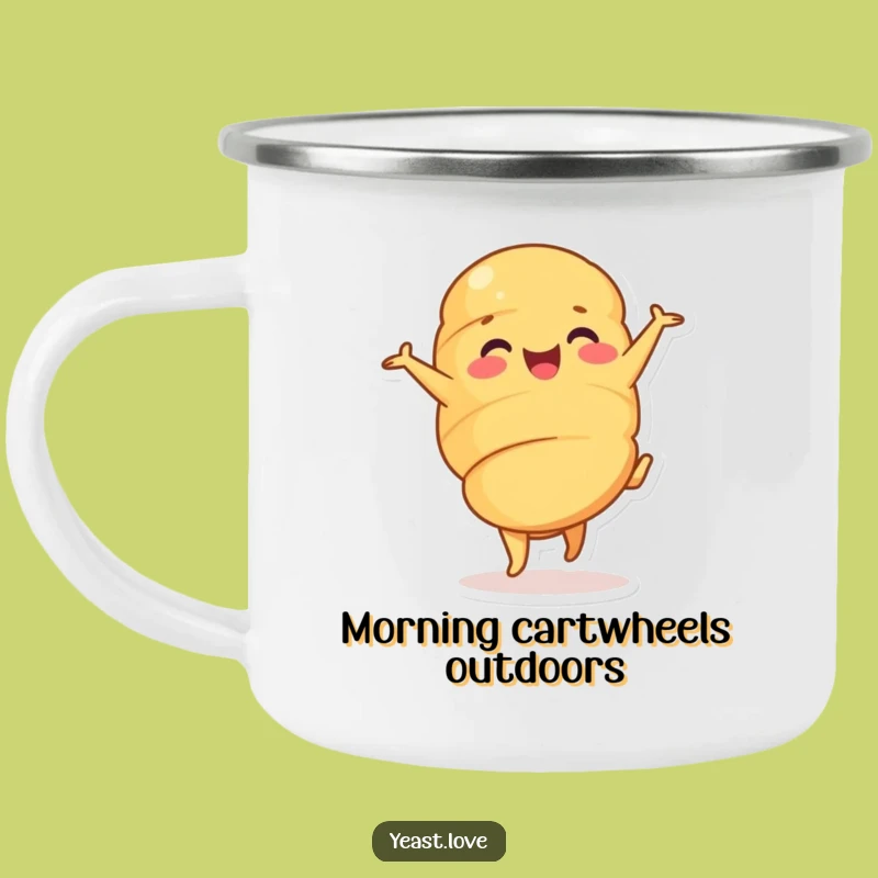 Funny Croissant Cartwheel Camping Mug: Enjoy Drinks with Pastry Cheer