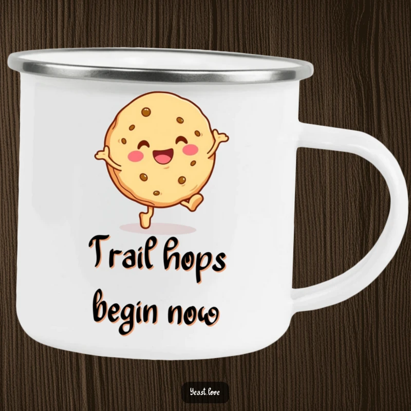 Funny cookie camping mug with a happy character in a joyful hop. Durable and humorous for outdoor use.