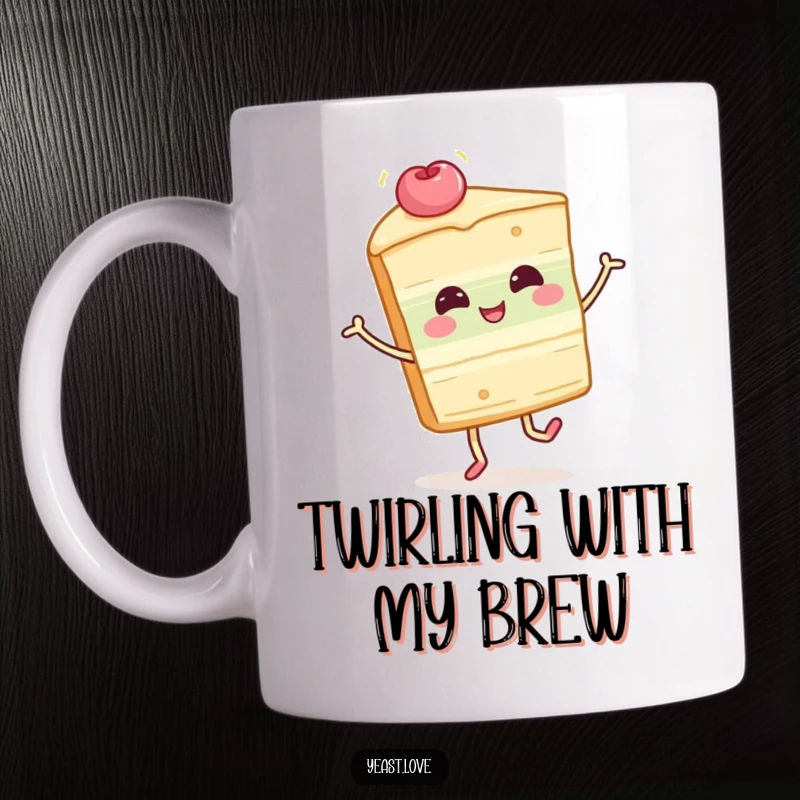 Funny cake slice character mug, depicted mid-twirl with a giggling expression. A humorous and sweet dessert-themed item.