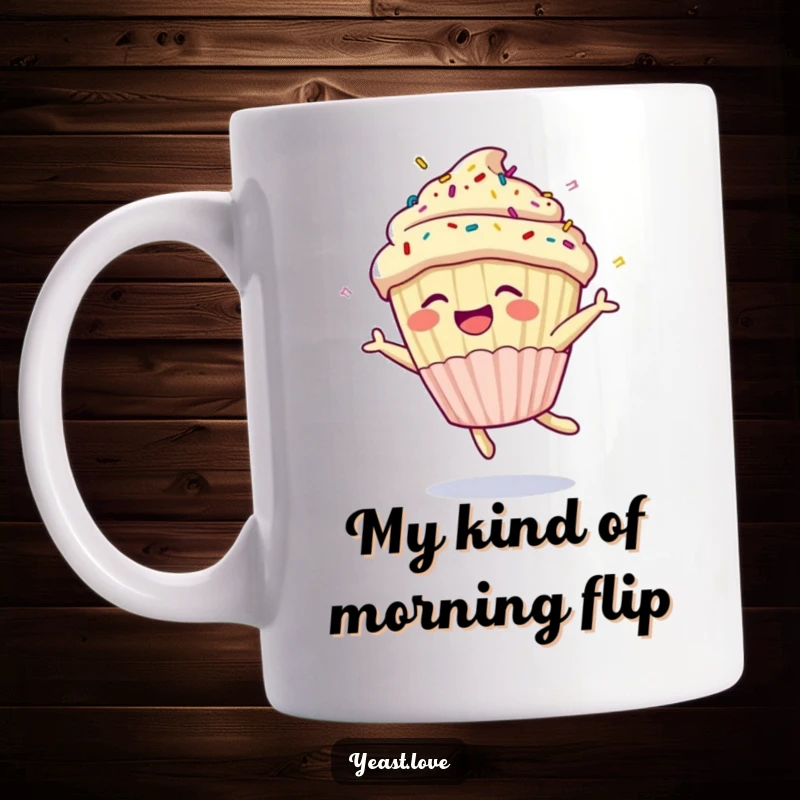 Funny cupcake mug featuring a happy character with sprinkles mid-somersault, spreading pure joy and deliciousness. A comical dessert illustration.