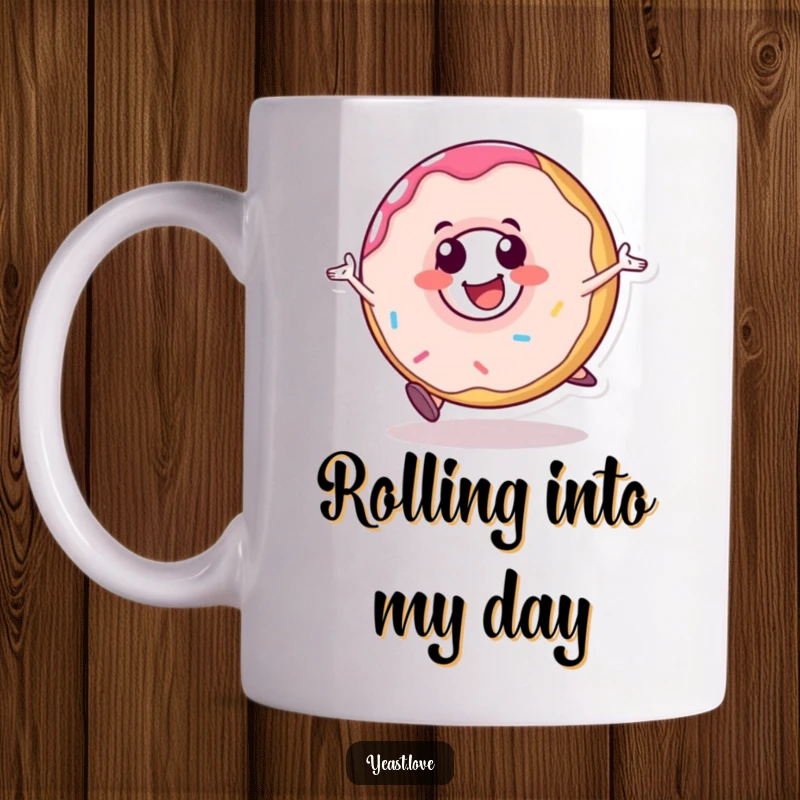 Funny donut character mug, depicted rolling with pure glee and happiness. A humorous and sweet dessert-themed item.
