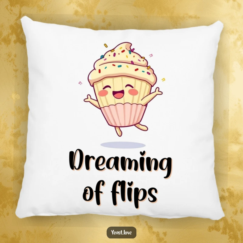 Funny cupcake pillow with a happy character and sprinkles performing a joyful somersault. A soft and humorous decorative item.