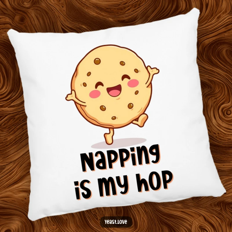 Funny cookie pillow featuring a happy dessert character in a delightful hop. Soft, comfortable, and humorous decor.