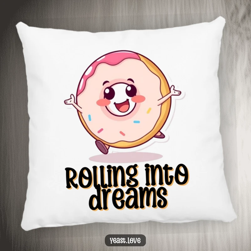 Funny donut pillow featuring a happy dessert character rolling with glee. Soft, comfortable, and humorous decor.