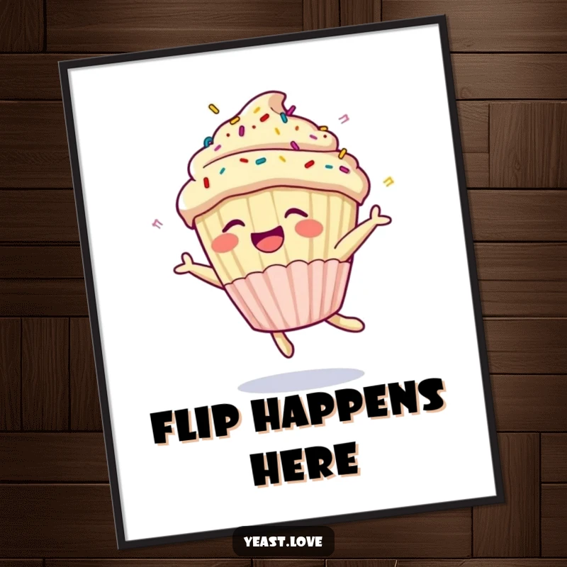 Funny cupcake digital art print of a happy character with sprinkles doing a joyful somersault. Instant fun and decor download.