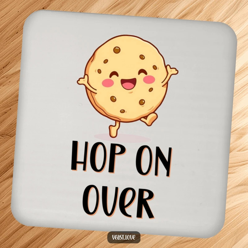 Funny cookie drink coaster with a happy character in a cheerful hop. Protects surfaces with humor and charm.