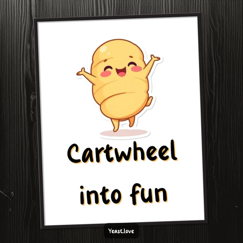 Funny croissant poster depicting a happy character performing a cheerful cartwheel. Whimsical and humorous wall art.