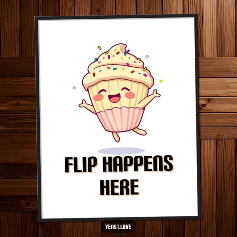 Funny cupcake poster displaying a happy dessert character with sprinkles executing a joyful somersault. A delightful and humorous wall art piece.