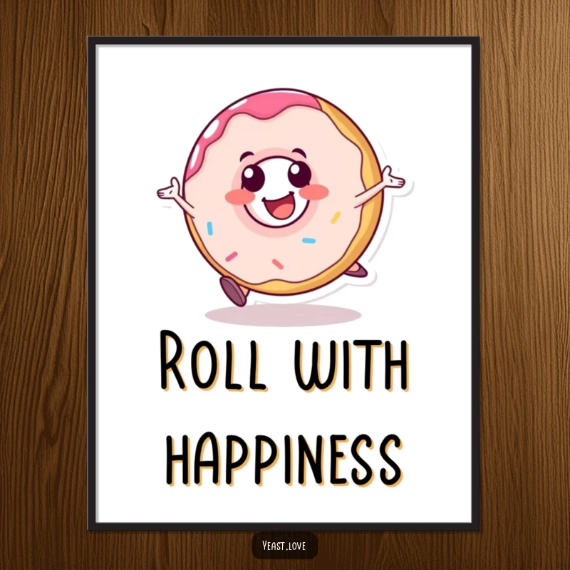 Funny donut poster depicting a happy dessert character rolling with pure glee. Whimsical and humorous wall art.