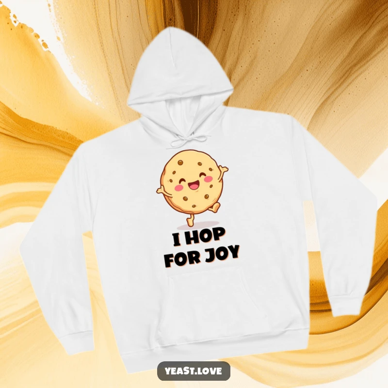 Funny cookie hoodie featuring a happy dessert character in a jubilant hop. Cozy and humorous outerwear.