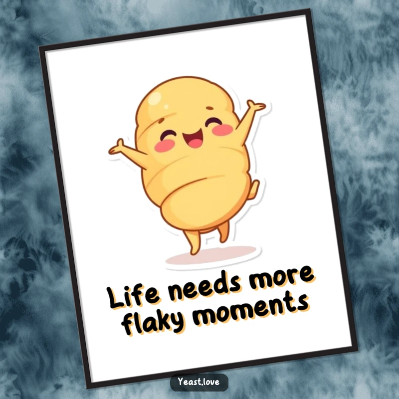 Funny Free Printable Croissant Wall Art: A delighted croissant character performs a cheerful cartwheel, adding dynamic and humorous flair to your decor.