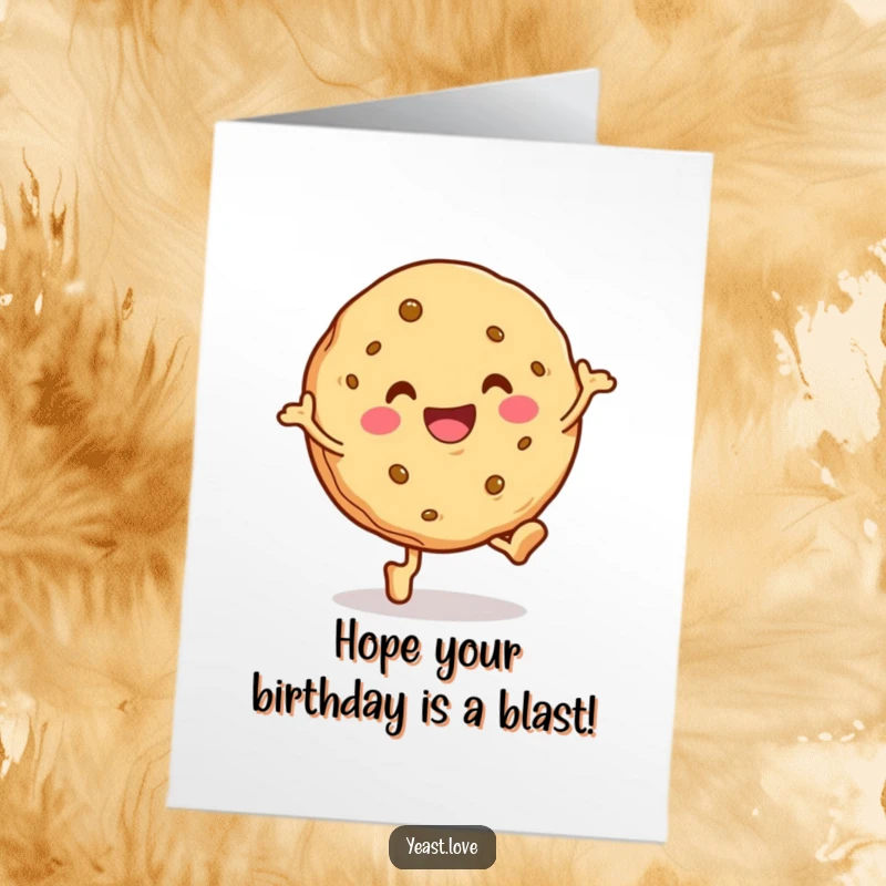 Funny Free Printable Cookie Birthday Card: A smiling cookie character happily performs a little hop, ready to celebrate your birthday.