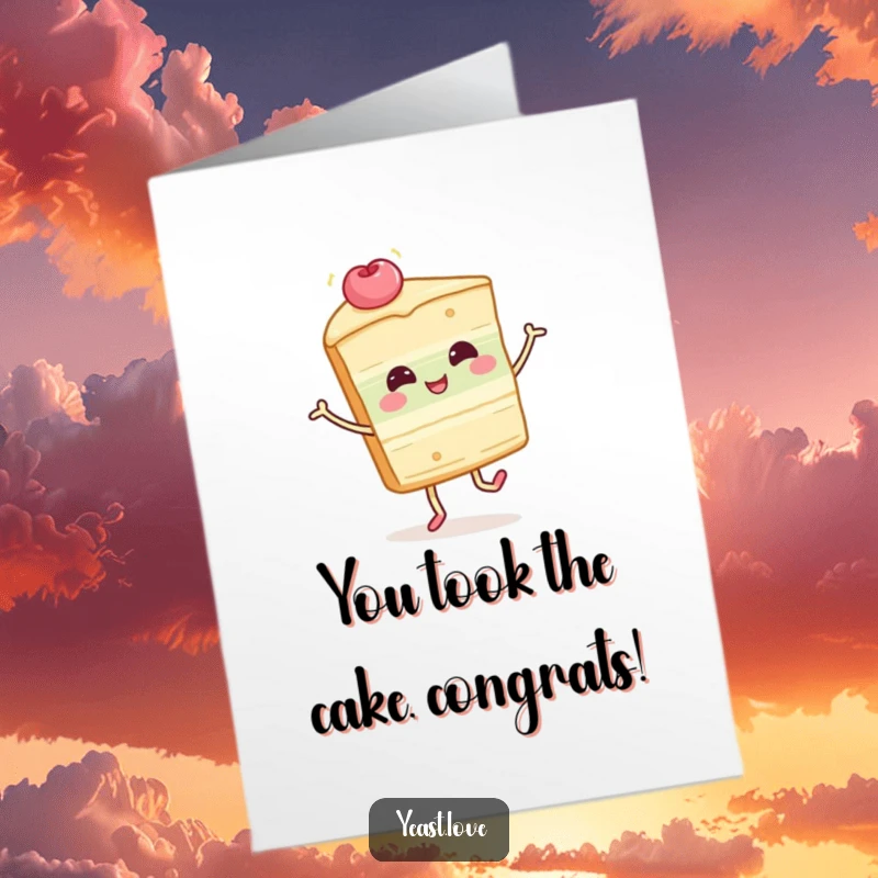 Funny Free Printable Cake Congratulations Card: A giggling slice of cake character performs a playful twirl, celebrating your wonderful news joyfully.