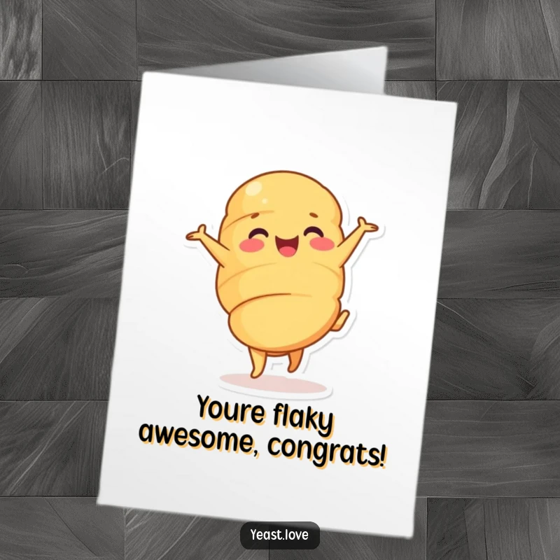 Funny Free Printable Croissant Congratulations Card: A delighted croissant character executes a cheerful cartwheel, celebrating your awesome success.