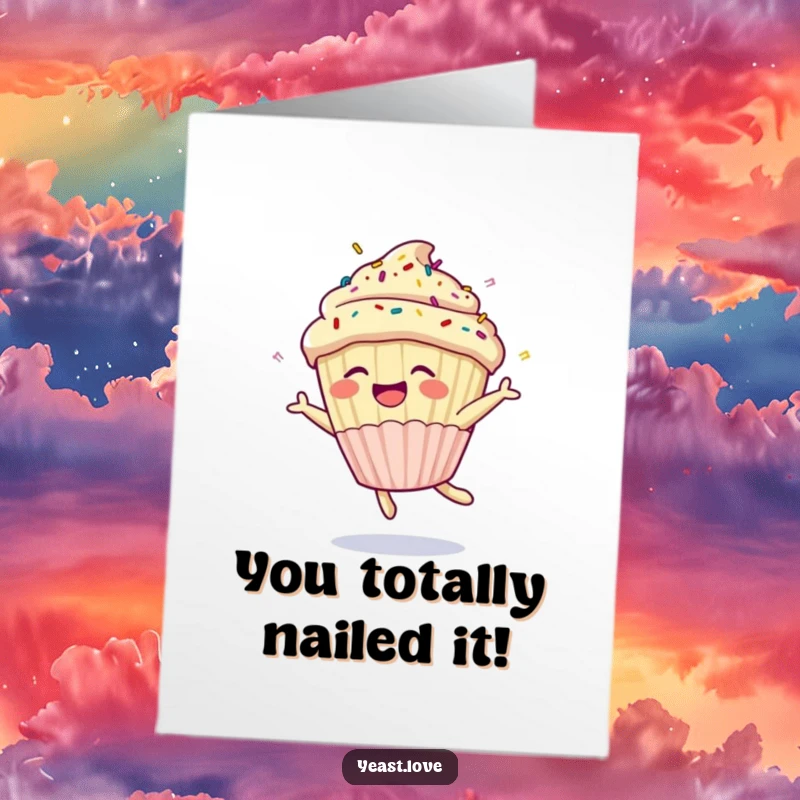 Funny Free Printable Congratulations Card: A laughing cupcake with sprinkles executes a joyful somersault, celebrating your amazing news.