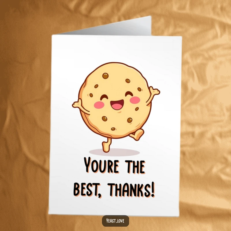 Funny Free Printable Cookie Thank You Card: A smiling cookie character performs a happy little hop, sending thanks with a cheerful bounce.