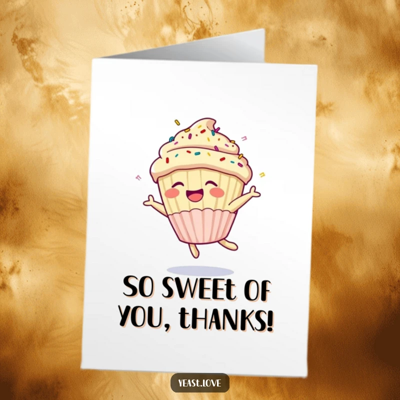 Funny Free Printable Thank You Card: A laughing cupcake with sprinkles does an energetic somersault, expressing sincere thanks with humor.