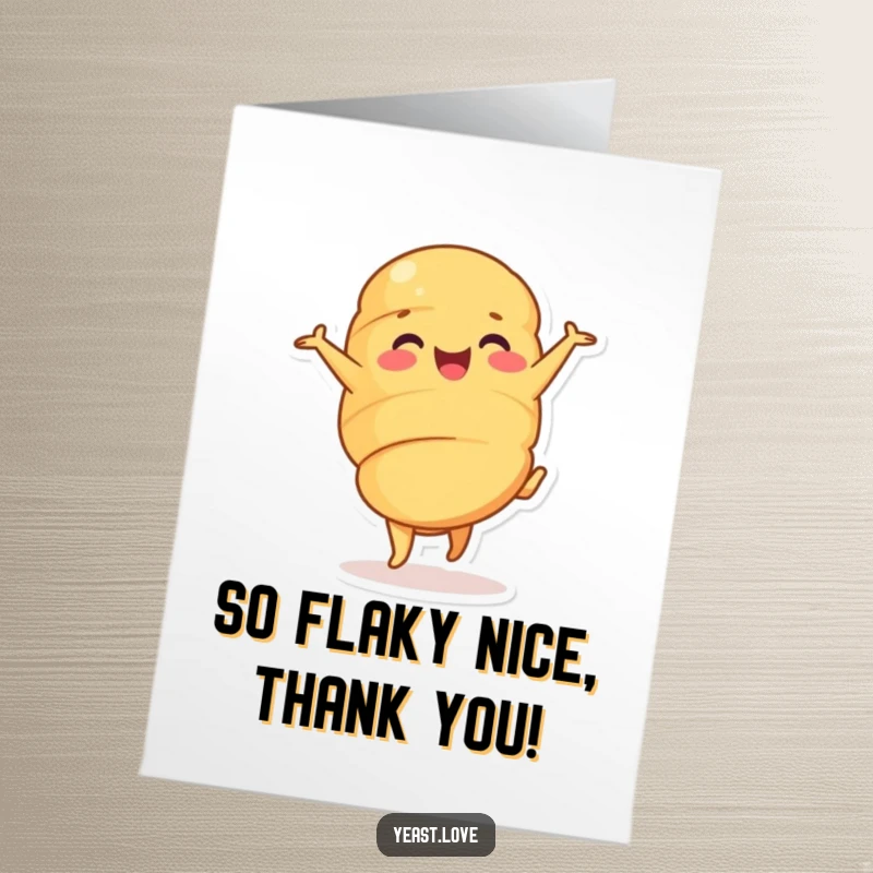 Funny Free Printable Croissant Thank You Card: A delighted croissant character performs a cheerful cartwheel, sending thanks with energetic appreciation.