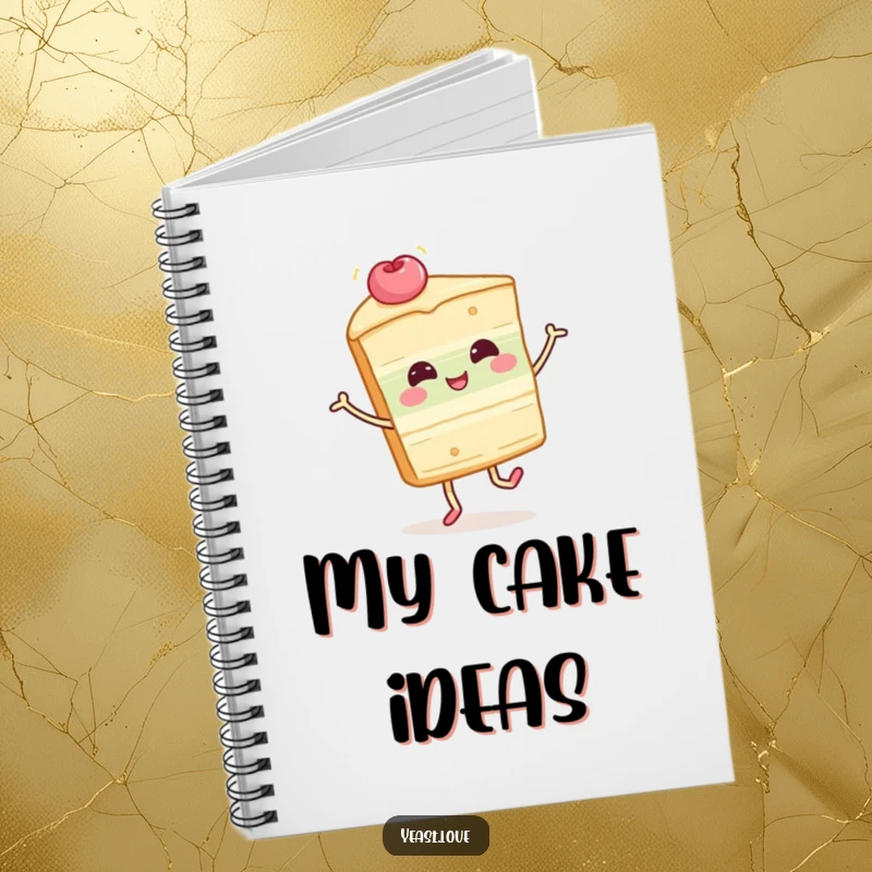 Funny cake slice notebook with a happy dessert character in a playful twirl. Ideal for notes and creative ideas.