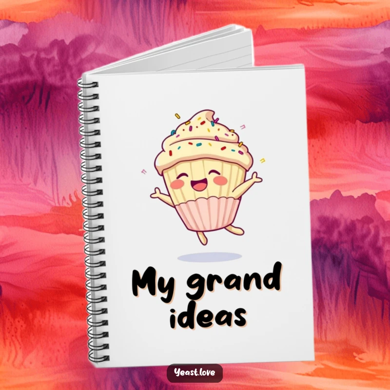 Funny cupcake notebook with a happy character and sprinkles performing a joyful somersault. Ideal for notes and doodles.