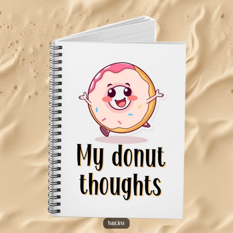 Funny donut notebook with a happy dessert character rolling with glee. Ideal for notes and creative ideas.