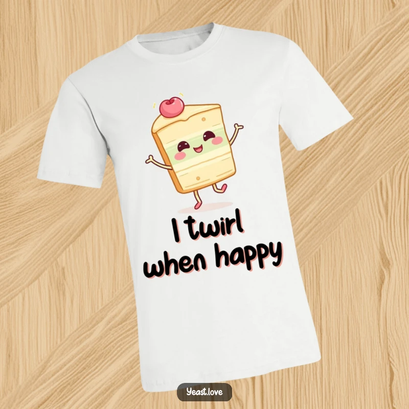 Funny cake slice t-shirt showing a happy character in a playful twirl. A delightful and humorous dessert apparel.