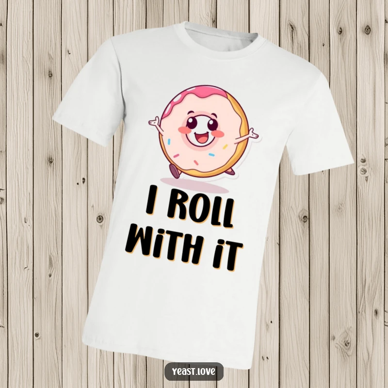 Funny donut t-shirt showing a happy character rolling with pure glee. A delightful and humorous dessert apparel.