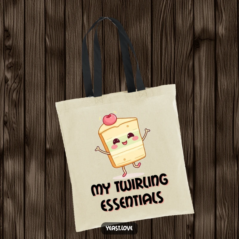 Funny cake slice tote bag showcasing a happy dessert character in a playful twirl. A practical and humorous accessory for daily use.