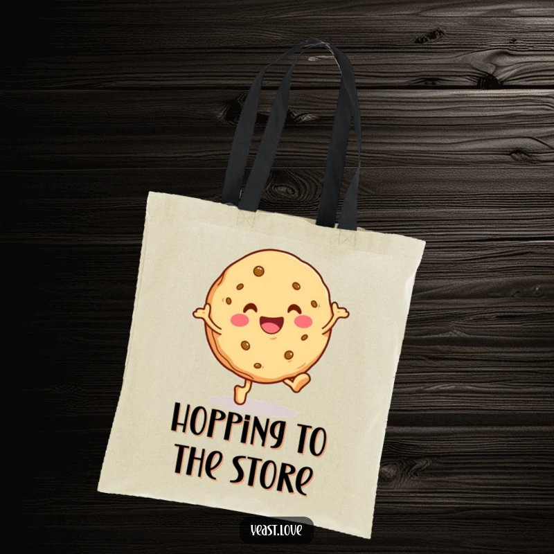 Funny cookie tote bag showcasing a happy character in a cheerful hop. A practical and humorous accessory for everyday use.