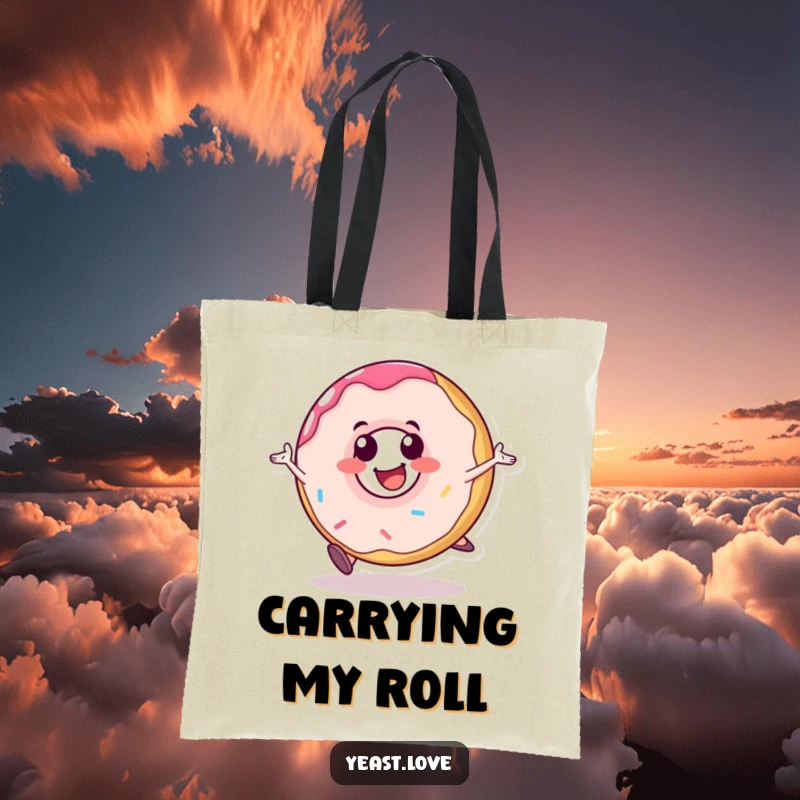 Funny donut tote bag showcasing a happy dessert character rolling with glee. A practical and humorous accessory for daily use.